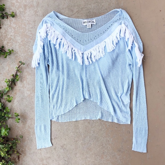 Wildfox Saddle Blue White Fringe Waylon Sweater - Picture 1 of 4